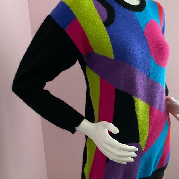 Vintage 80s Abstract Pullover Sweater Tunic Lambswool Angora l Drop Shoulder - Picture 3 of 14